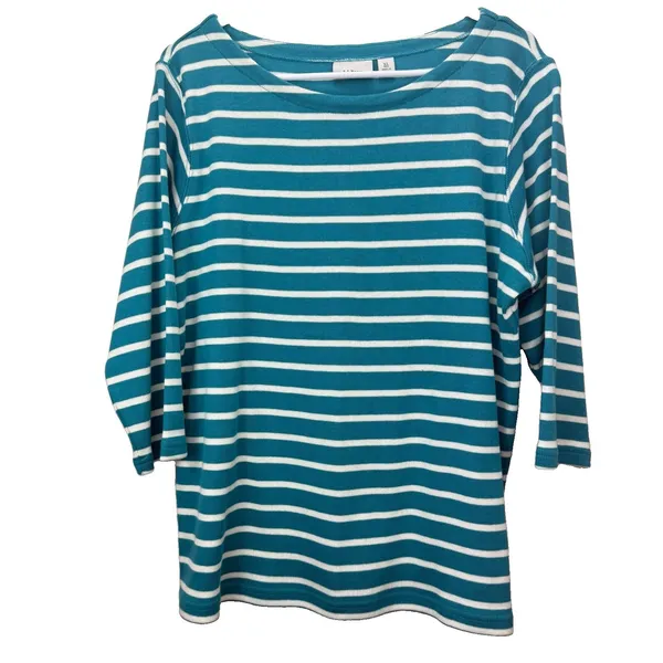 LL Bean Teal Striped Boat Neck 3/4 Sleeves Rib Knit Shirt Size XL - Image 2