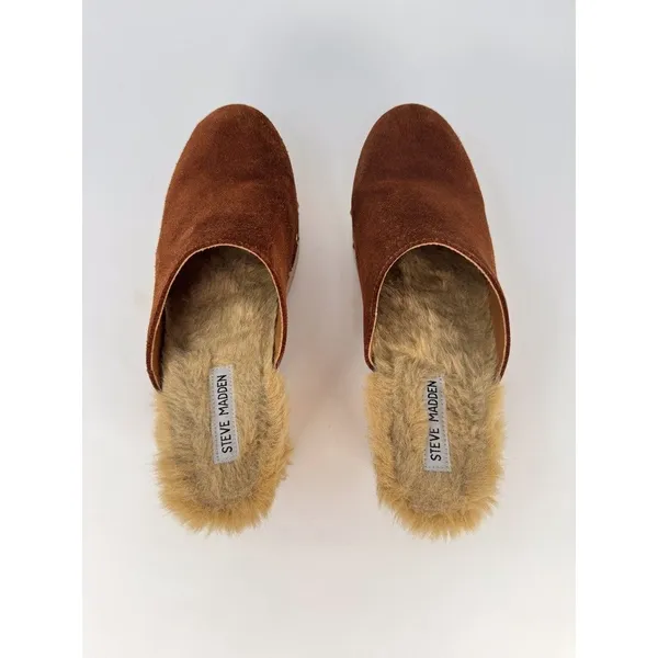 Steve Madden Brooklyn Womens Clogs Brown Suede Mules Fur Trim Studded Sandals 8M - Image 7