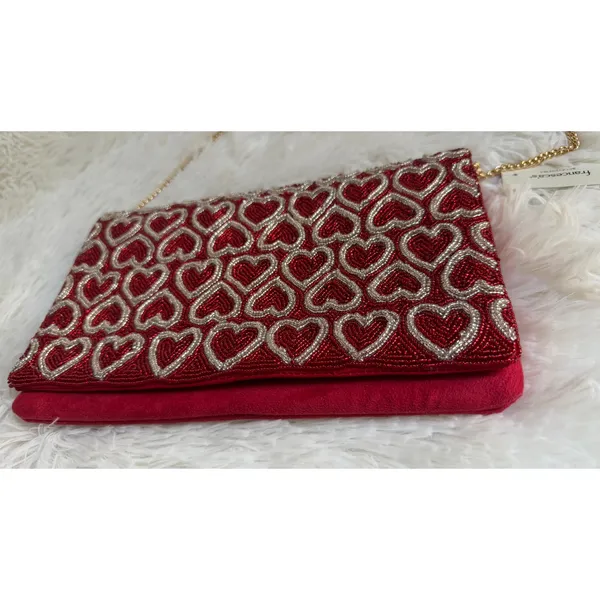 Francesca Red Beaded Heart Clutch Evening Bag Gold Chain Shoulder Strap NWT - Image 3