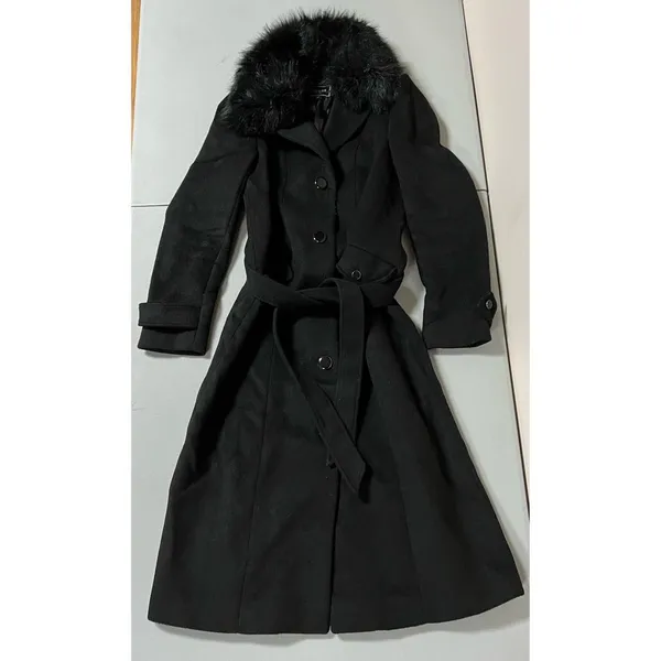 Guess Black Fur Wool Belted Trench Coat Peacoat Winter Jacket Size S 🖤 - Image 2