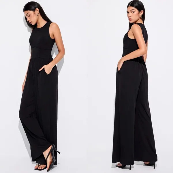 CIDER Solid Wide Leg Corset Rib Jumpsuit Black Minimalist Chic Vibe Size Large - Image 5
