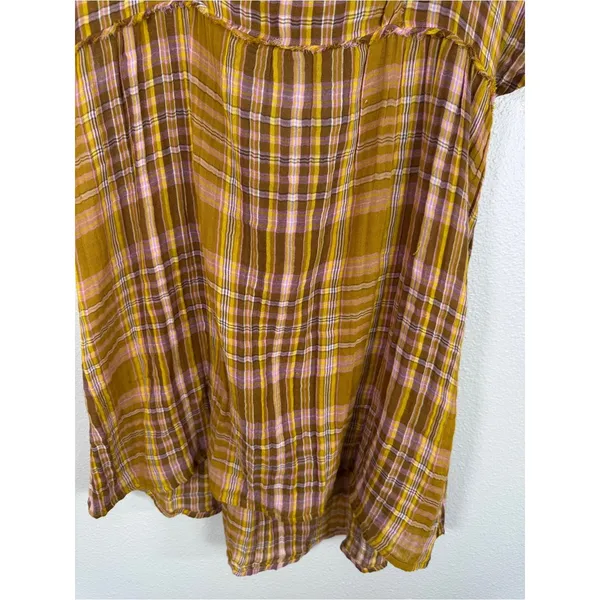 Anthropologie Yellow Pink Plaid Mini Dress Womens L Babydoll Boho Tie Back - Image 15