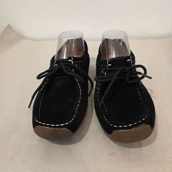 Black Leather Moccasin Sneakers Lace Up Comfort Suede Boho Indie Western 7.5 - Image 3