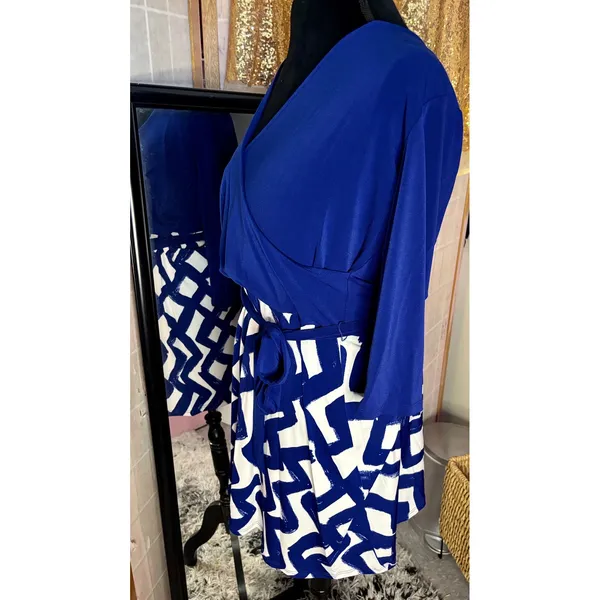 Leota‎ Faux Wrap Dress XXL Blue Zig Zag Navy Crepe V-Neck 3/4 Sleeve NWT 2515 - Image 3