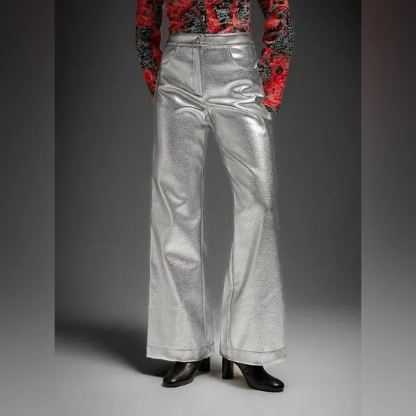 LAAGAM Metallic Wide Leg High‎ Rise Pants NWT Size XXS - Image 14