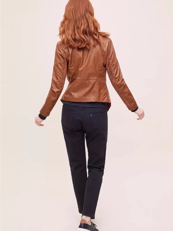 Blank NYC Suede & Leather Mixed Media Drape Front Jacket in Cognac Brown Size Sm - Image 3