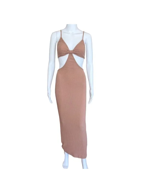 Kikiriki Vacay Ribbed Cut Out BodyCon MaxiDress Caramel Brown Size Small NWT - Image 3
