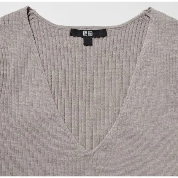 Uniqlo Merino Wool Blend Fitted V-Neck Long-Sleeve Dress in Gray - Image 3