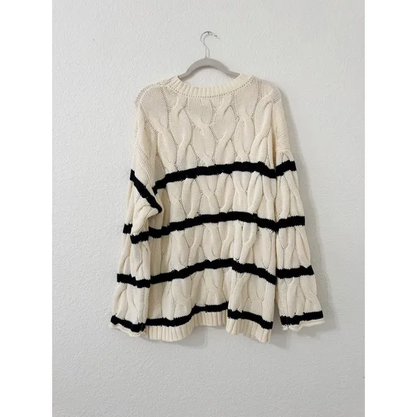 SOLAI Cable Knit Striped Sweater Ivory Black Oversized Coastal Grandmother - Image 4