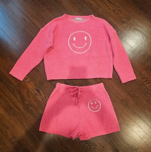 Pink Smiley Face Crew Neck Sweatshirt Size L - Image 2