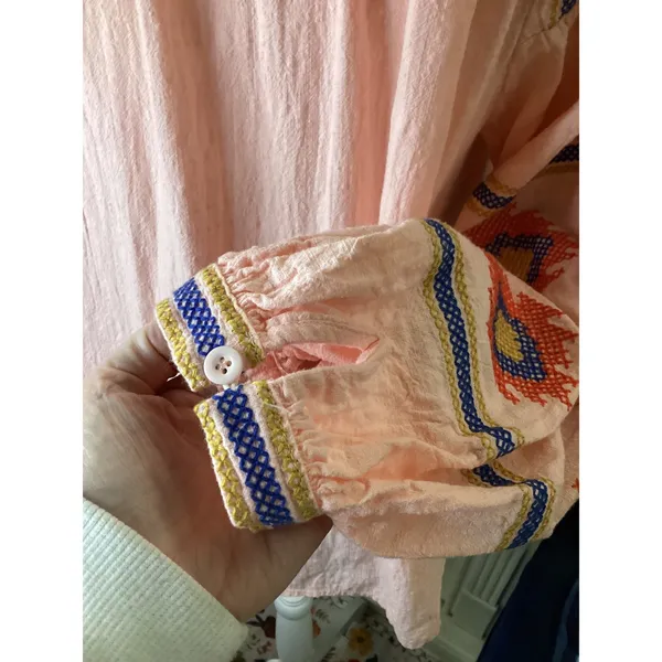 Velzera Peach Pink‎ Cotton Gauze Embroidered Peasant Blouse Top Large L - Image 5