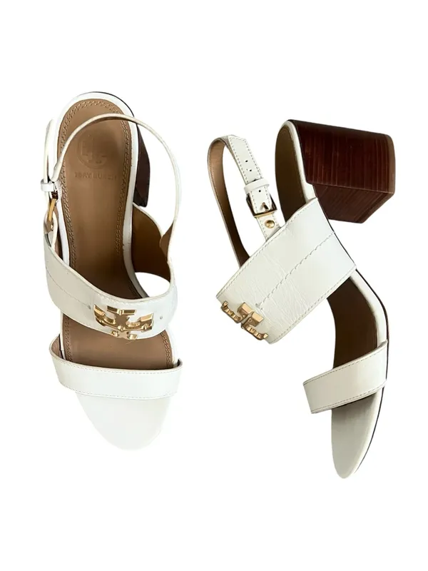 Tory Burch Women’s Eleanor White Leather Gold Metal Block Heel Sandals Size 9.5 - Image 2