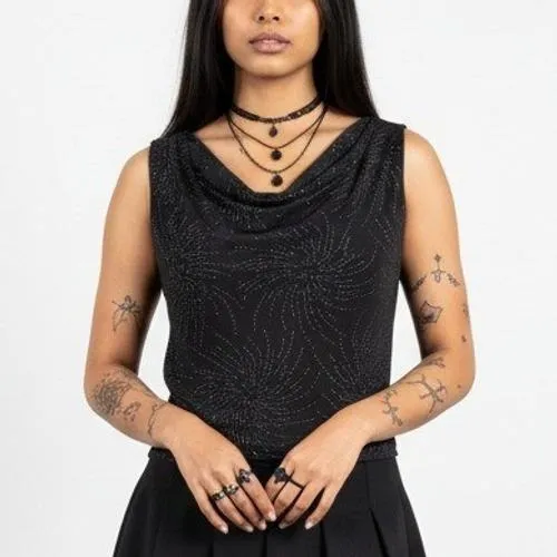 Vintage Isabel L Beaded Top Black Cowl Neck Glam Goth USA Sexy‎ Club Witchy Y2K - Image 7