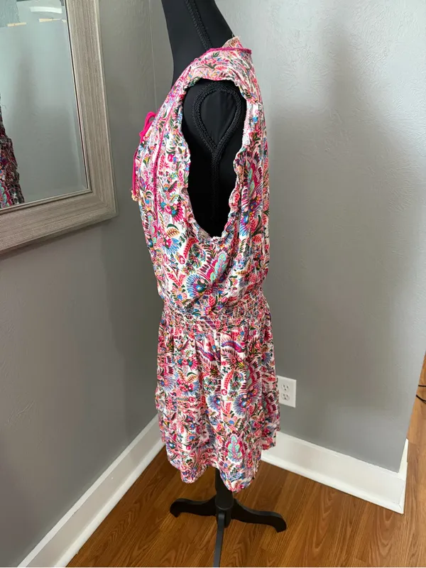 Natural Life Lyla Pink Palms Smocked Waist Tiered Mini Dress Cottagecore XL - Image 4