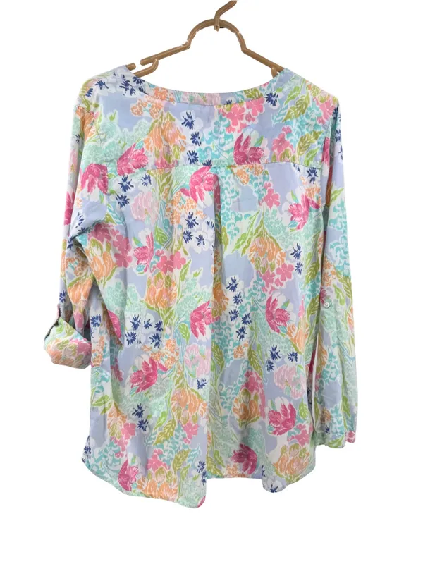 J. Jill Floral Watercolor Tunic in Blue, Pink, Green cotton roll tab sleeves M - Image 2