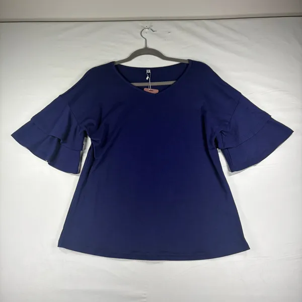 Yesfashion Navy Blue V-Neck Top Double‎ Layer Ruffle Short Sleeve Blouse Medium - Image 2