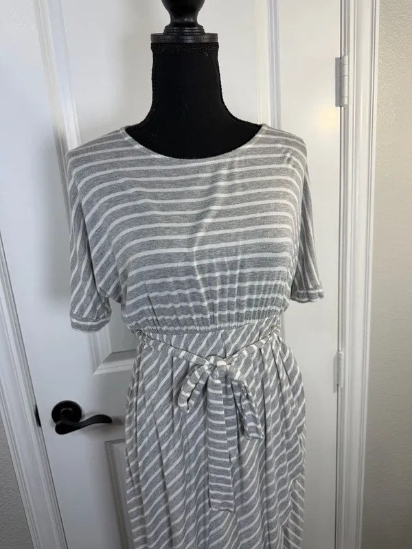 PinkBlush Grey Striped Tie Waist Tulip Hem Maternity Dress Size L - Image 3