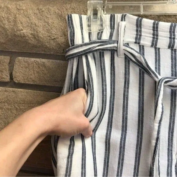 American Eagle Straight Leg Belted Elastic Waist Pants White Blue Stripe Large - Image 4