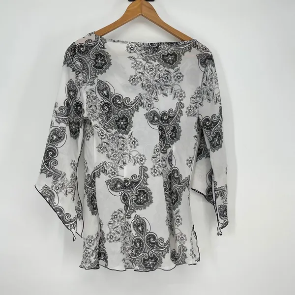 Vintage Black White Paisley Print 3/4 Bell‎ Sleeve Size M Y2K Whimsigoth Fairy - Image 2