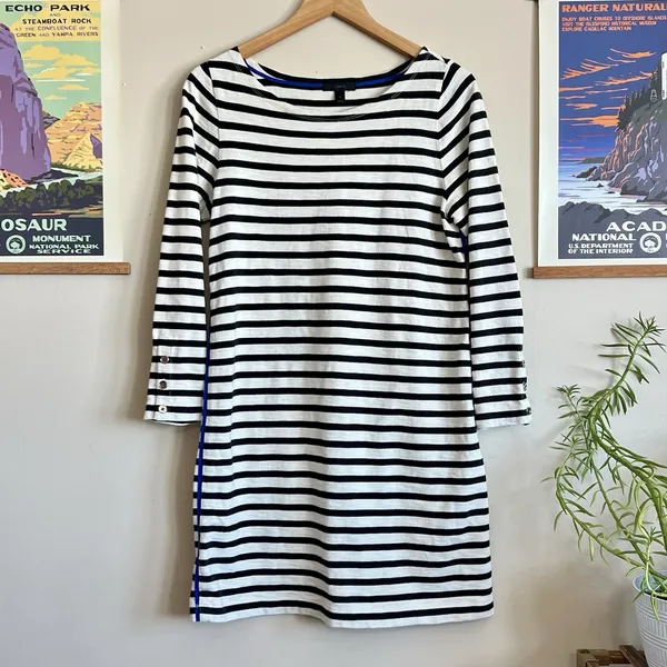 Women's Striped J.Crew Dress Midi Size‎ Small GUC 100% Cotton Black White Piping - Image 2
