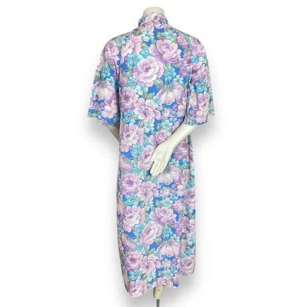 Vintage Handmade Housedress Floral Dress Purple Blue‎ Zip-Front Stand-Up Collar - Image 3