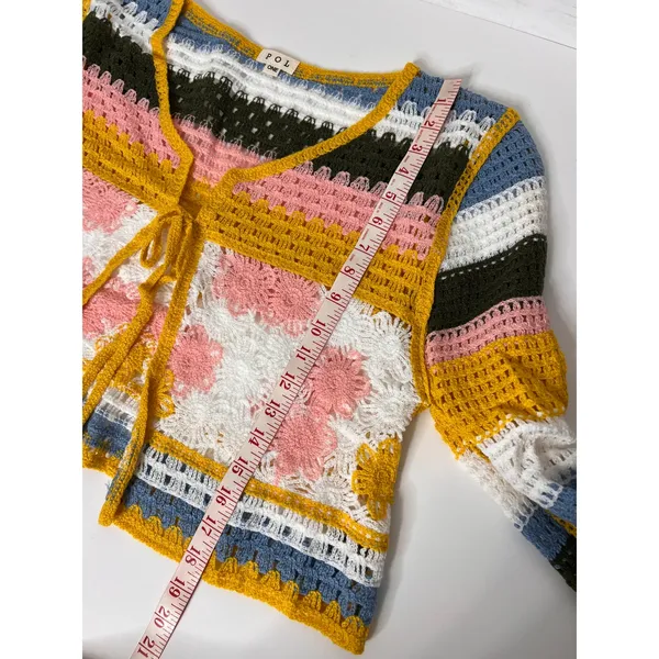 POL Crochet Tie Front Cardigan Floral Lace Striped Boho Sweater Medium - Image 4