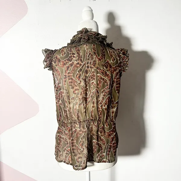 Vtg Y2k 2000s Ruffle Top Women's Medium Olive Green Sheer Fairy Grunge - Image 2