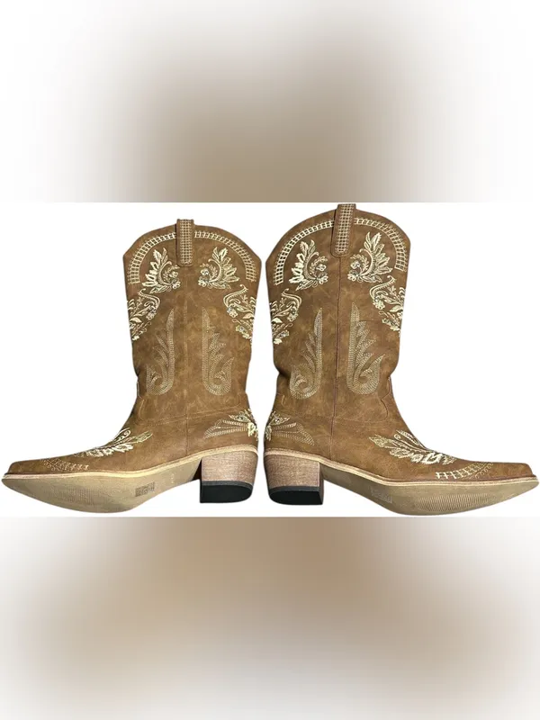 Western Embroidered Heeled Boots in Tan Size 12 - Image 11