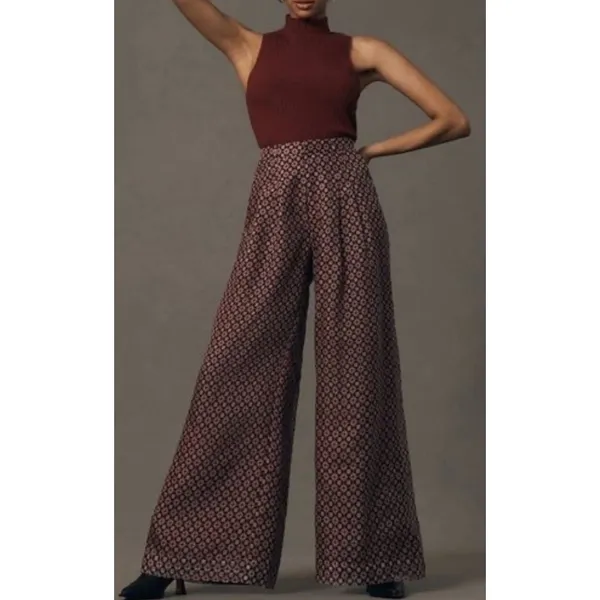 Anthropologie Maeve Avery Silk Wide Leg Pleated Trousers Geo Print 16 Tall New - Image 2