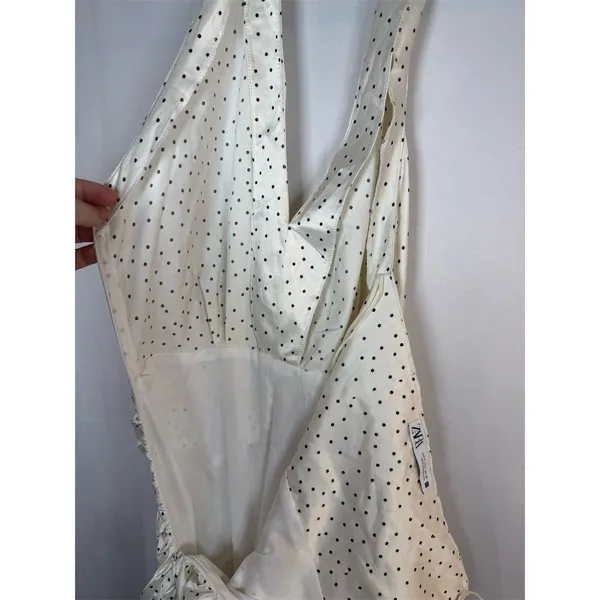 Zara Dress Womens Size S Ivory Polka Dot Halter Ruched Bodycon Midi - Image 7