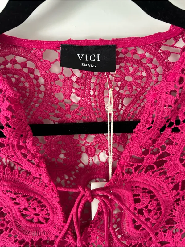 Vici Fuchsia Paisley Lace Crochet Long Sleeve Swim Cover-Up Mini Dress Front Tie - Image 6
