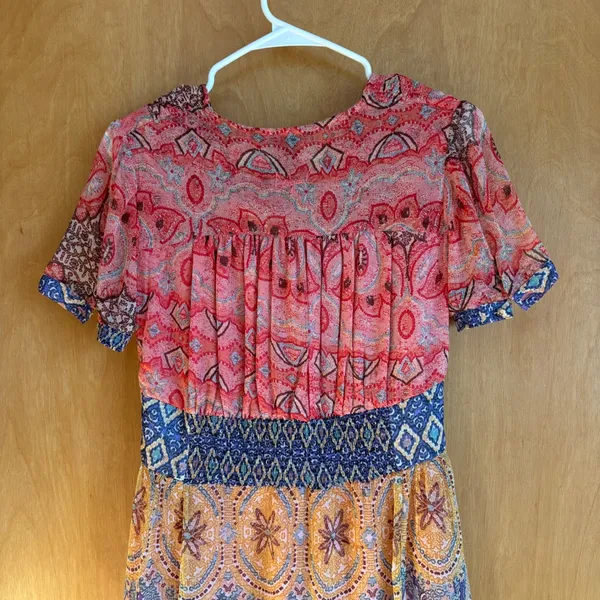 Desigual Maxi Dress Bohemian Paisley Print V Neck Short Sleeve High Low‎ Size 36 - Image 7