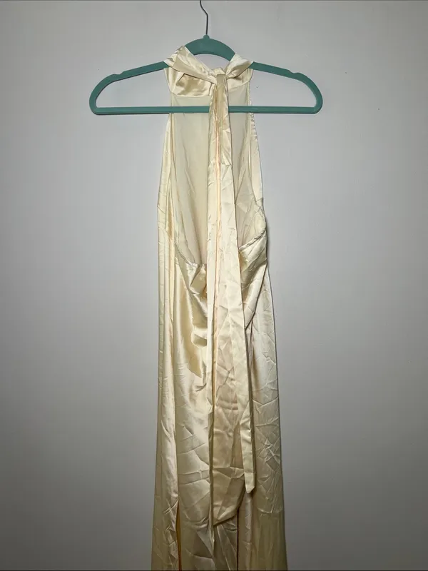 Cider High-Neck Satin Maxi Dress in Pale Butter Yellow - Image 3