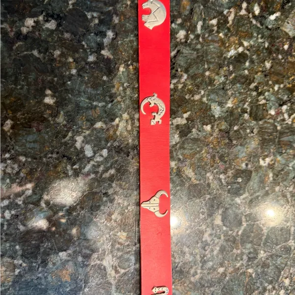 Vintage 90s Womens Silver Concho Southwestern Animals Red‎ Leather Belt 37” M - Image 5