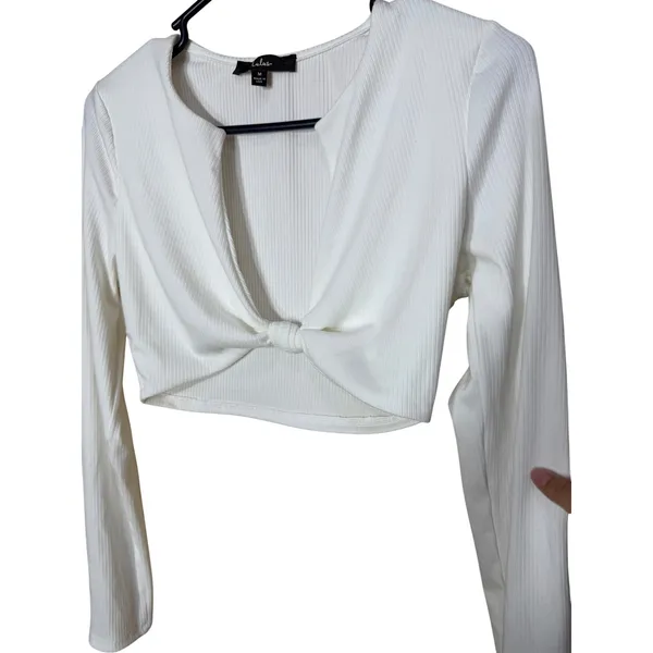 Lulus White Ribbed‎ Twist Front Long Sleeve Crop Top Womens Medium V-Neck - Image 2