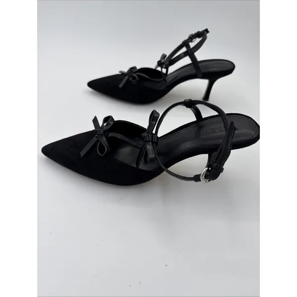 J Crew Double Bow Slingback Heels Black Size 8.5 Pointed Toe Suede Feel - Image 4