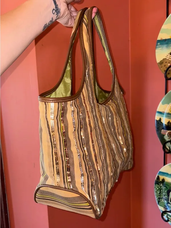 Striped Sequin Accent Striped Tote Bag Brown - Image 2