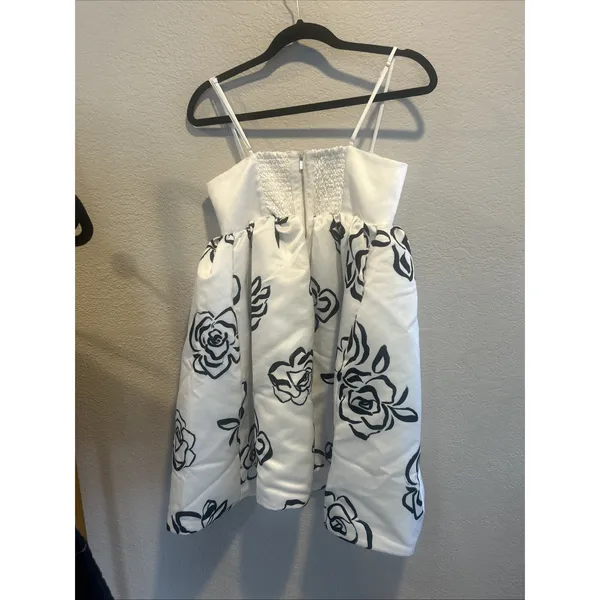 Maeve Anthropologie Square Neck Babydoll Mini Dress White Black Rose Print XS - Image 4