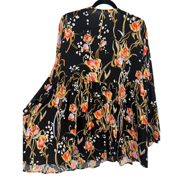 Free People‎ Bella Floral Babydoll Tunic Top Mini Dress Black V-Neck Size Medium - Image 6