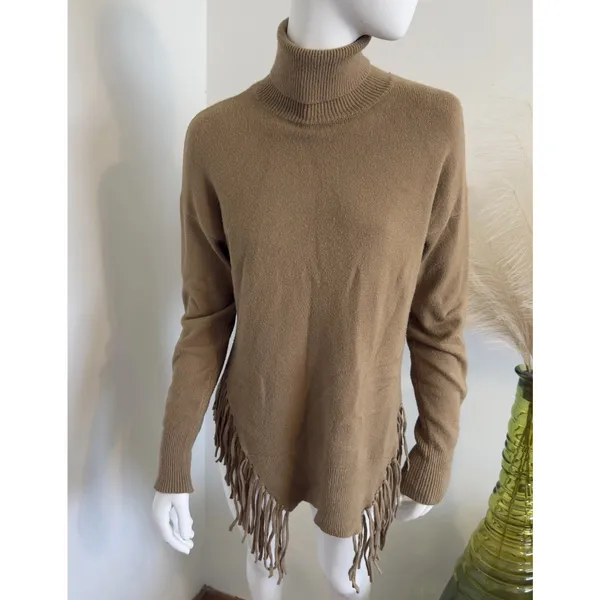 Stella + Lorenzo Women’s Sweater Fringe Hem Turtleneck Tan Boho Knit Size S - Image 2