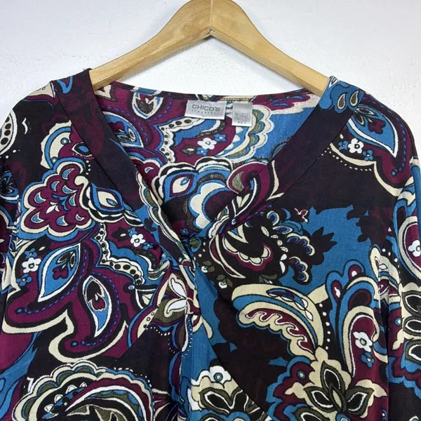 Chico's 2 Travelers Black blue large Paisley Floral Long Sleeve Blouse western - Image 5