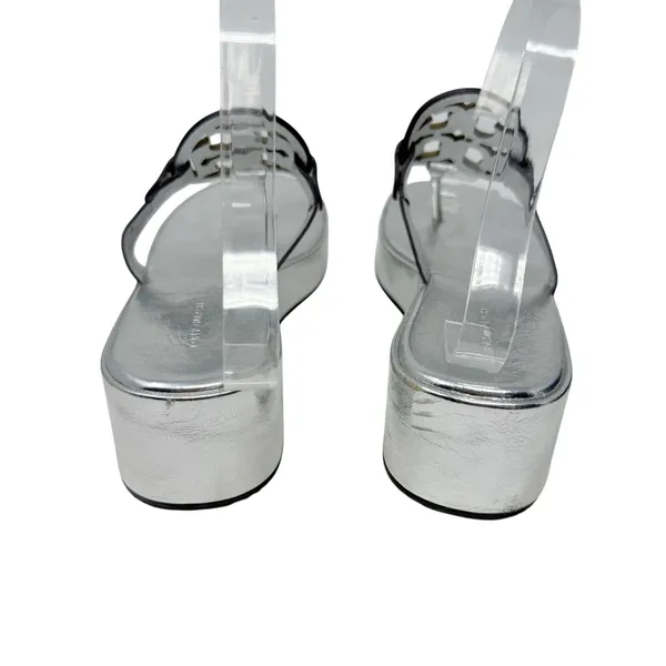 Tory Burch Miller Silver Metallic Leather Platform Wedge Sandals Logo Thong 9 - Image 5