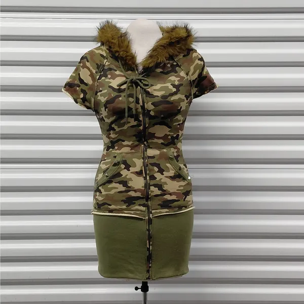 Dolls Kill Generation Kiss Womens Camo Hoodie Dress XS Faux Fur Y2K Mini Street - Image 4