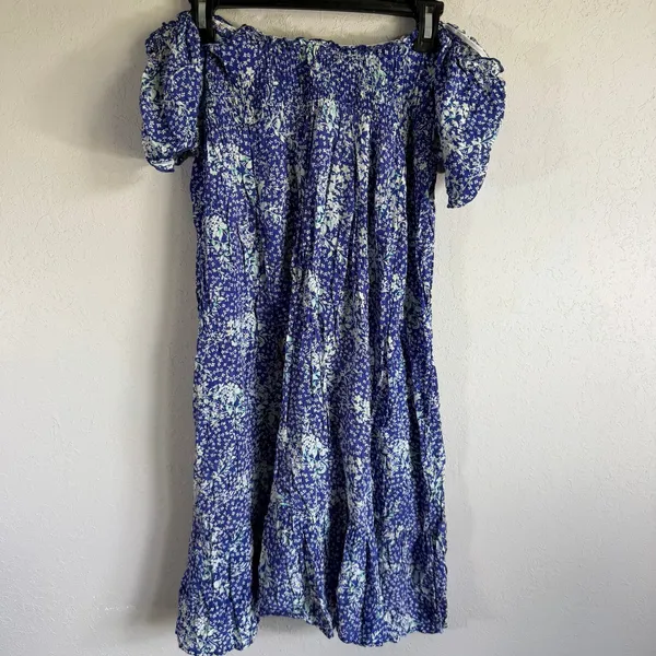 Free People Off the Shoulder Blue White Ditzy Floral Tiered Flowy Dress Womens L - Image 6