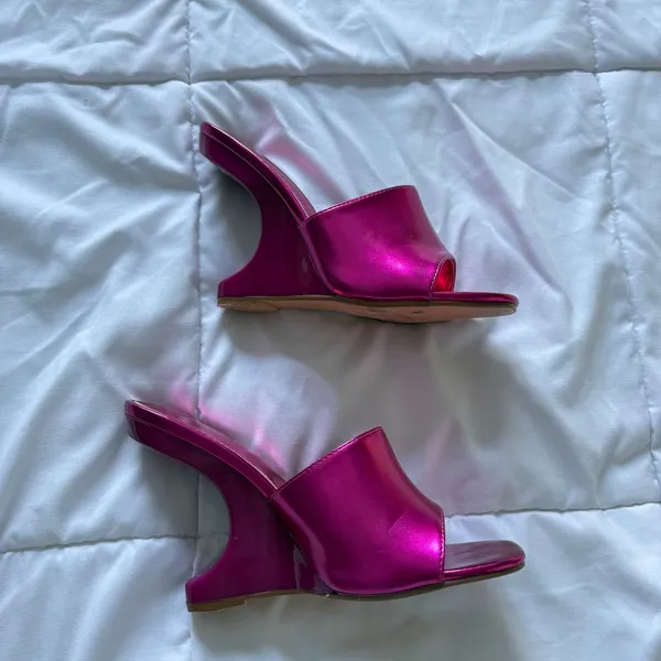 Vintage 90s Madrag Pink Architectural Wedge Sandals Sculpted Heel Mules Fuchsia - Image 7