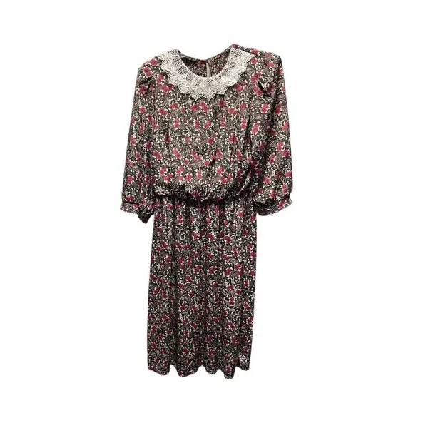 Vintage Lisa II floral dress lace collar size 14 runs small padded shoulders - Image 2