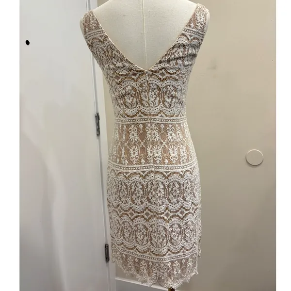 VTG 90s NiteLine White Lace Beaded Tan Mini Dress 2‎ Bridal Goth Witchy Coquette - Image 2