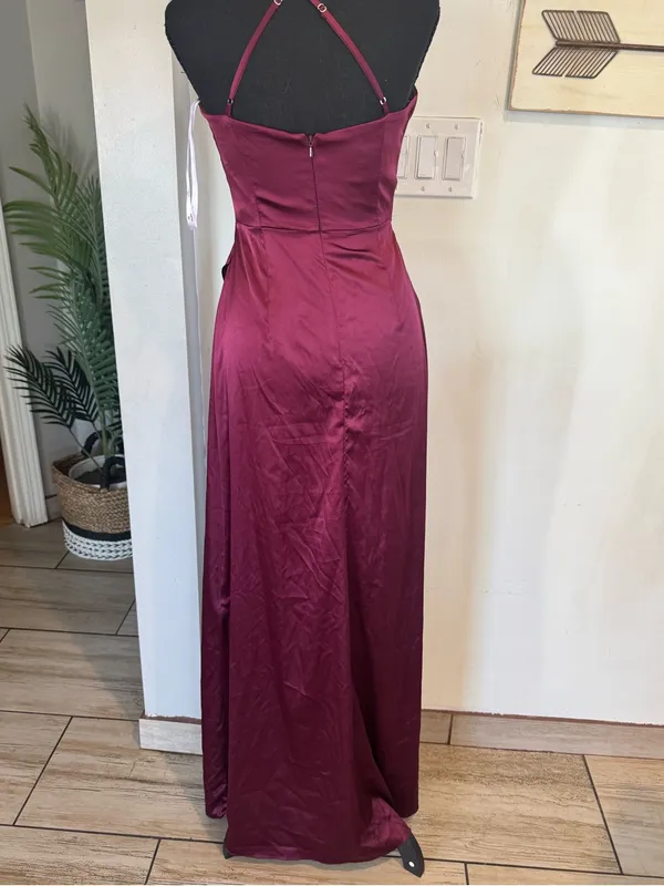 David's Bridal Burgundy Satin Cowl Neck Maxi Dress - Image 4