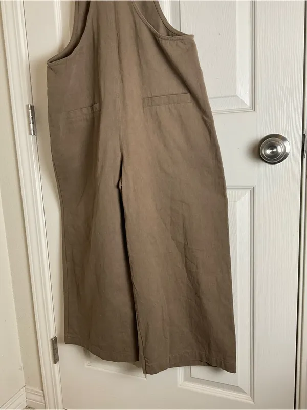Miou Muse Taupe Linen-Blend Wide-Leg Overalls - Size M Women’s - Image 8