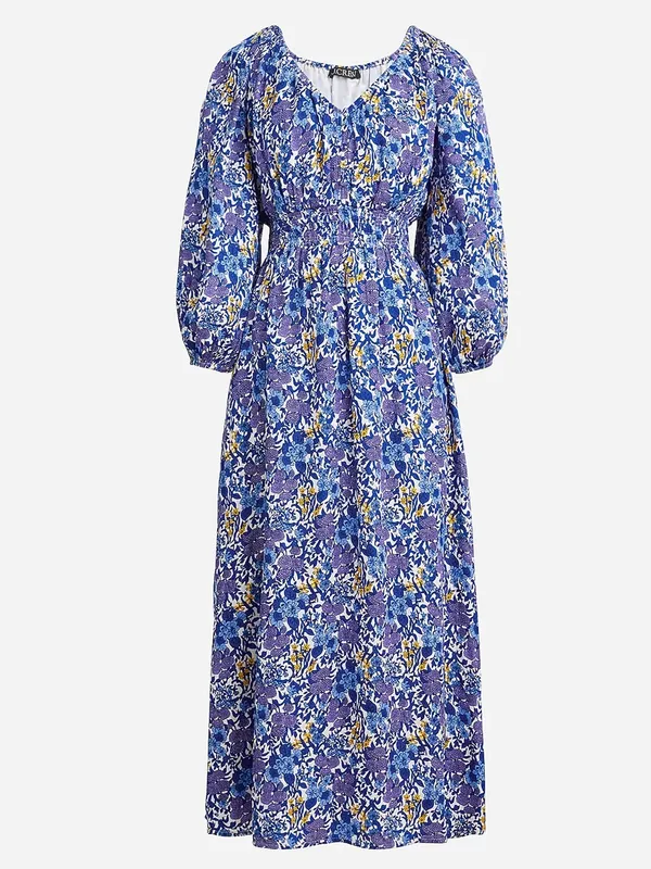 J. Crew V-neck Midi Dress in Fête Floral Print Blue Satin Long Sleeves Medium - Image 3